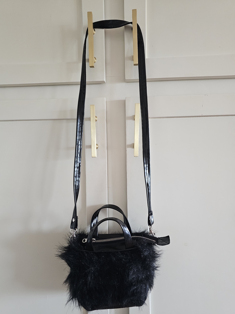 Stutterheim Black Faux Fur Mini Crossbody with Patent Trim